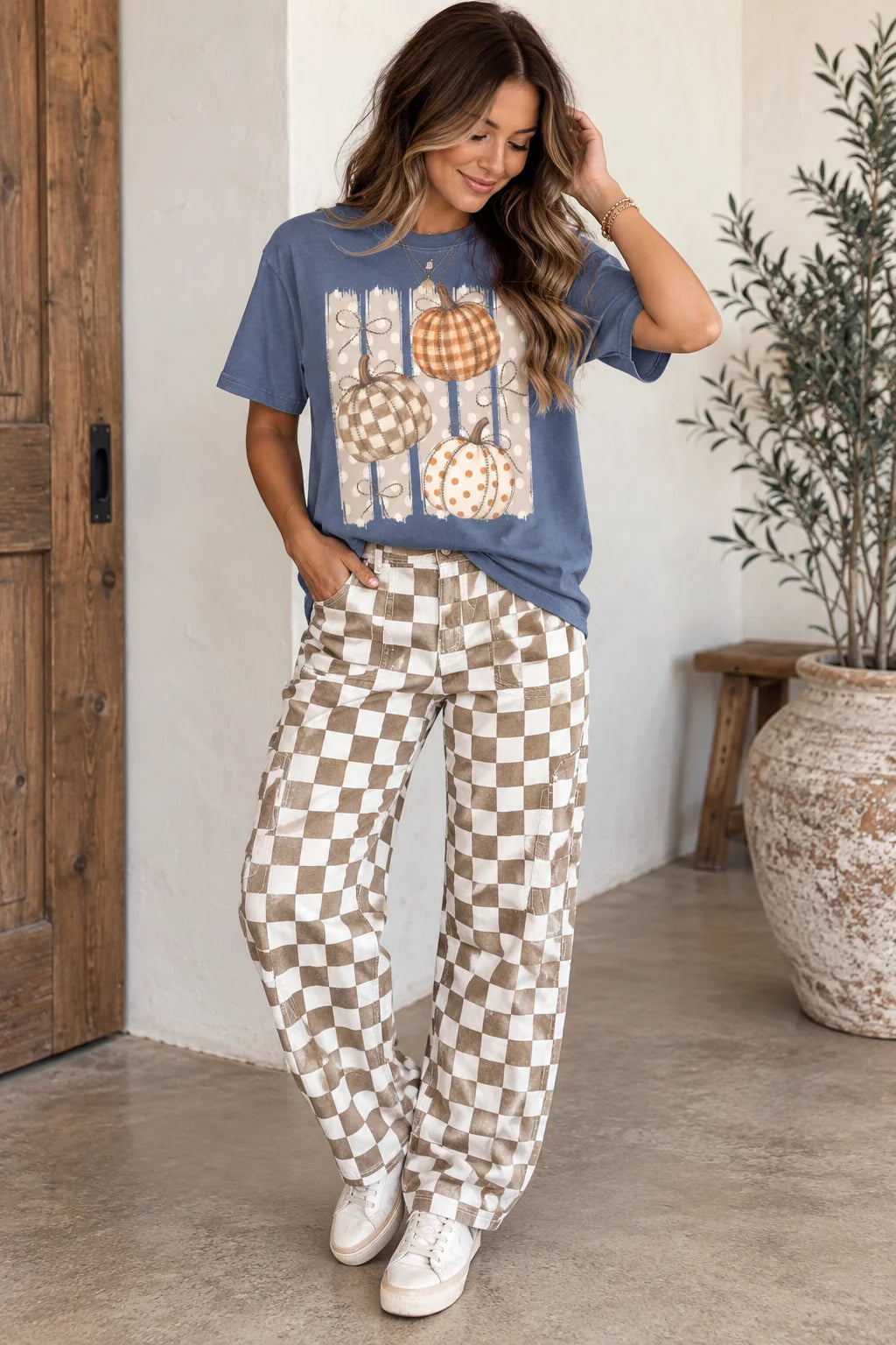 Multiprint Checkered Pumpkin Graphic Tee