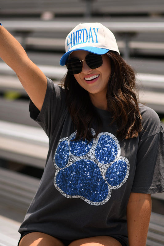 Blue & Silver Faux Glitter Paw Print Graphic Tee