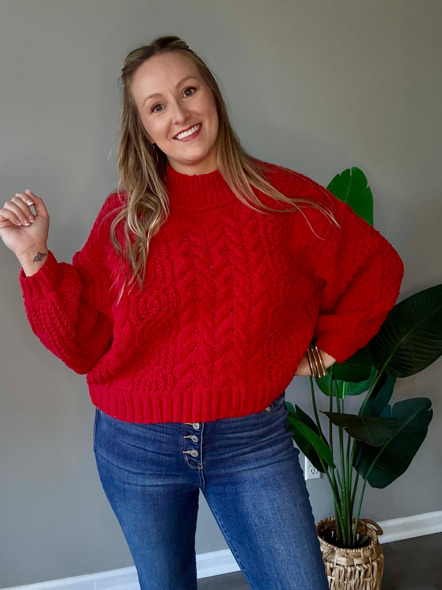 Ruby Red Cable Knit Sweater