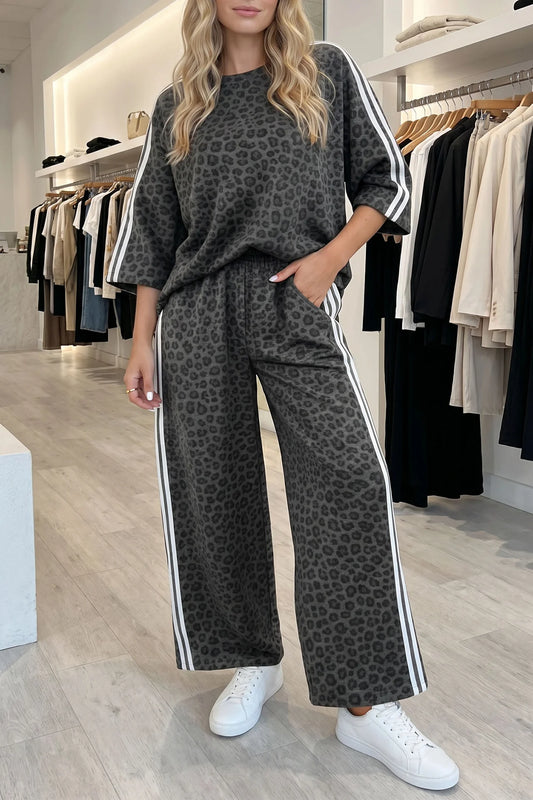 *PREORDER* Leopard Varsity Stripe Pant Set (Plus+ Grey)