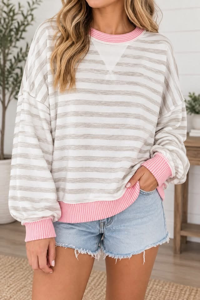 *PREORDER* Pink Striped Rib Trim Top