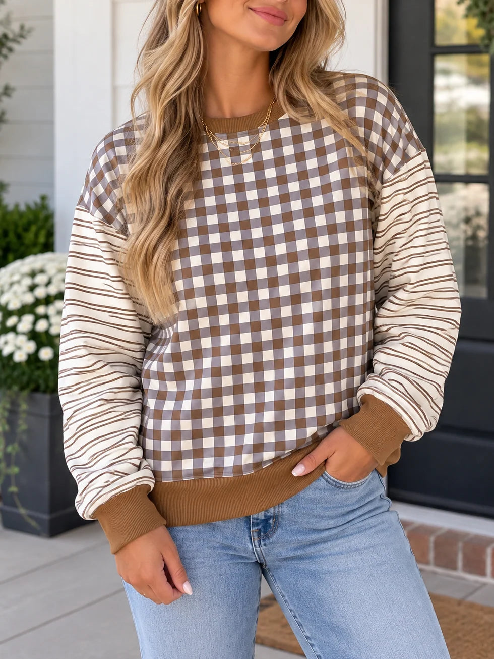 *PREORDER* Brown Plaid Patchwork Top