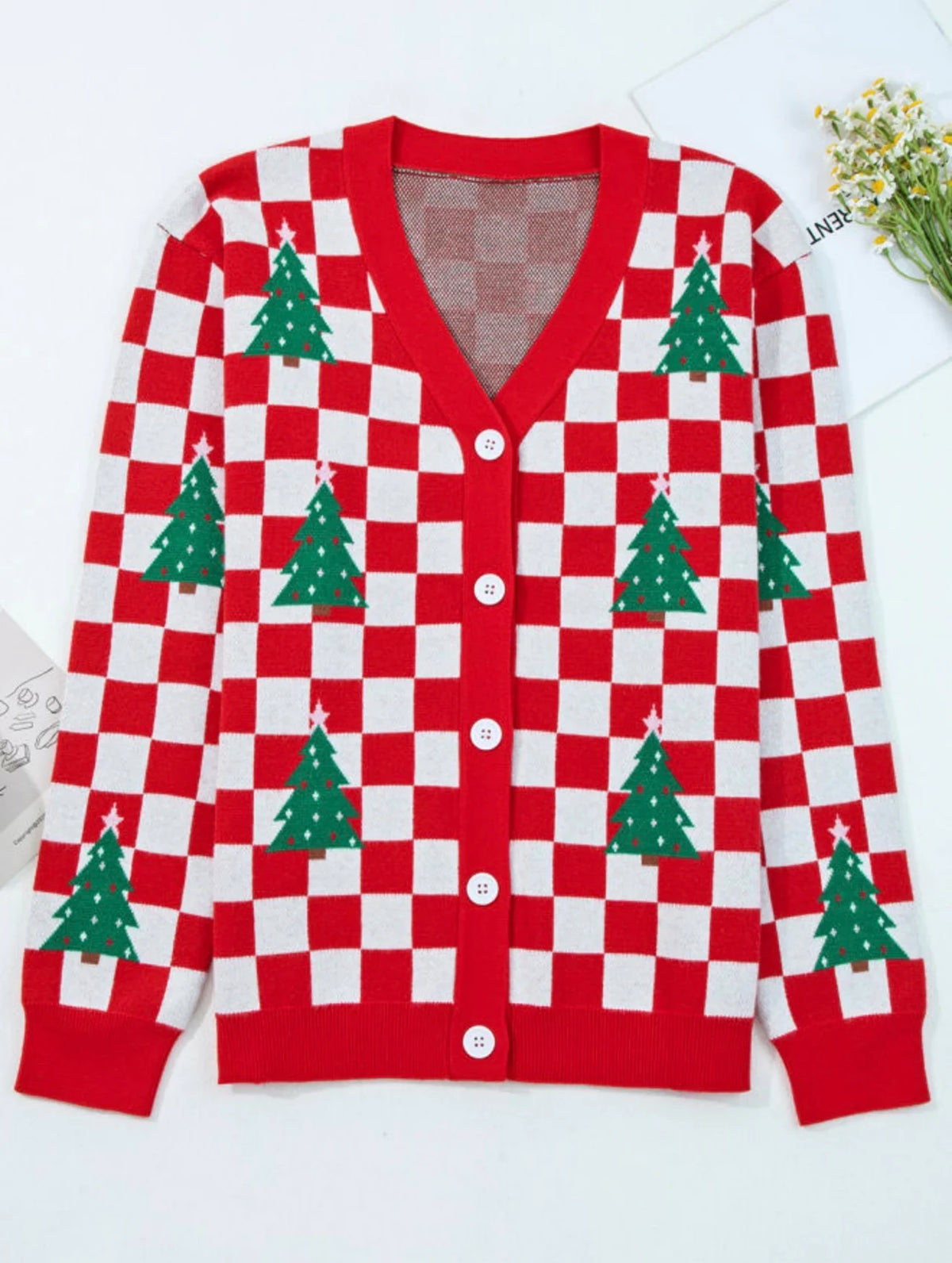 *PREORDER* Red Checkered V Neck Cardigan Sweater