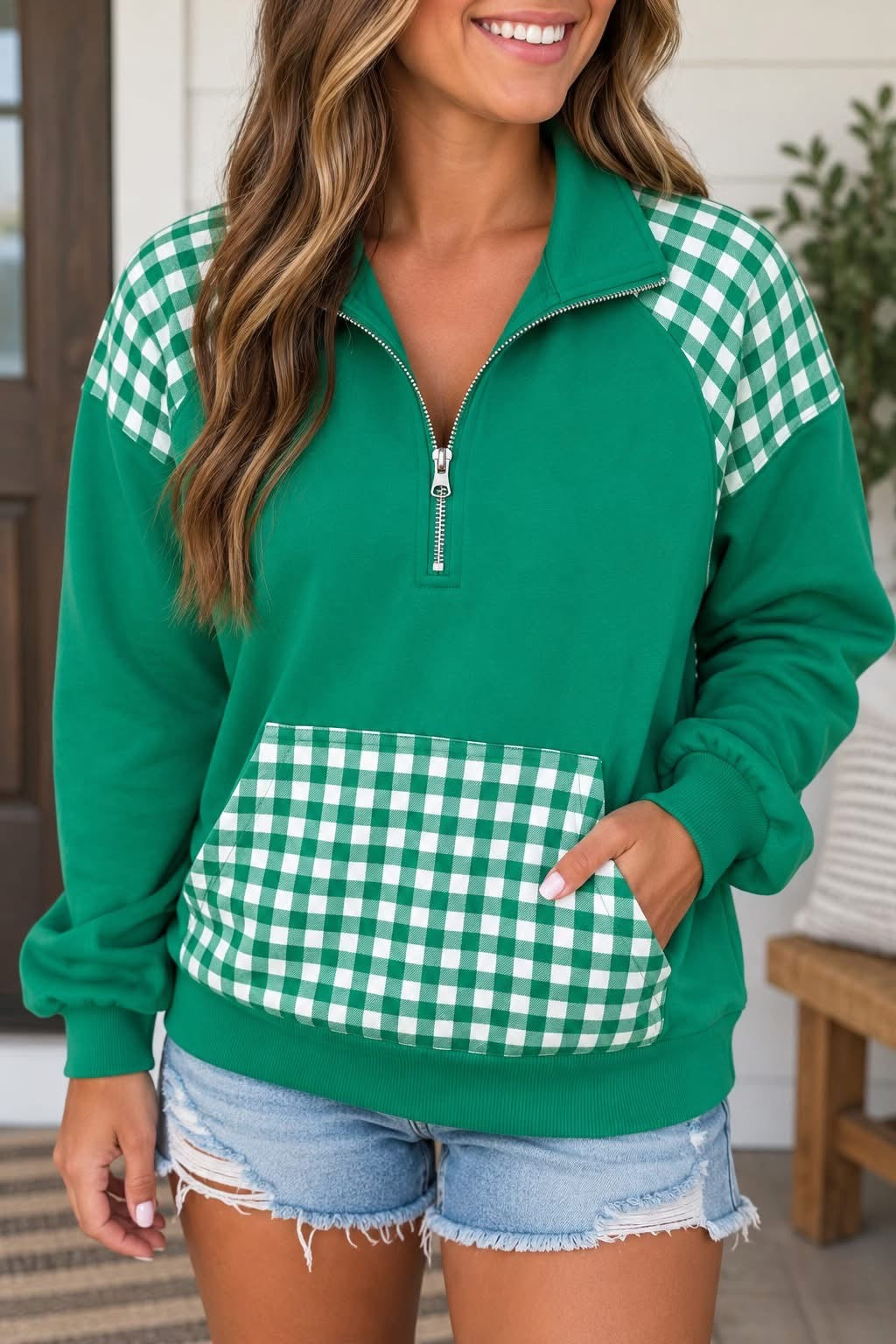 *PREORDER* Green Patchwork Plaid Sweatshirt