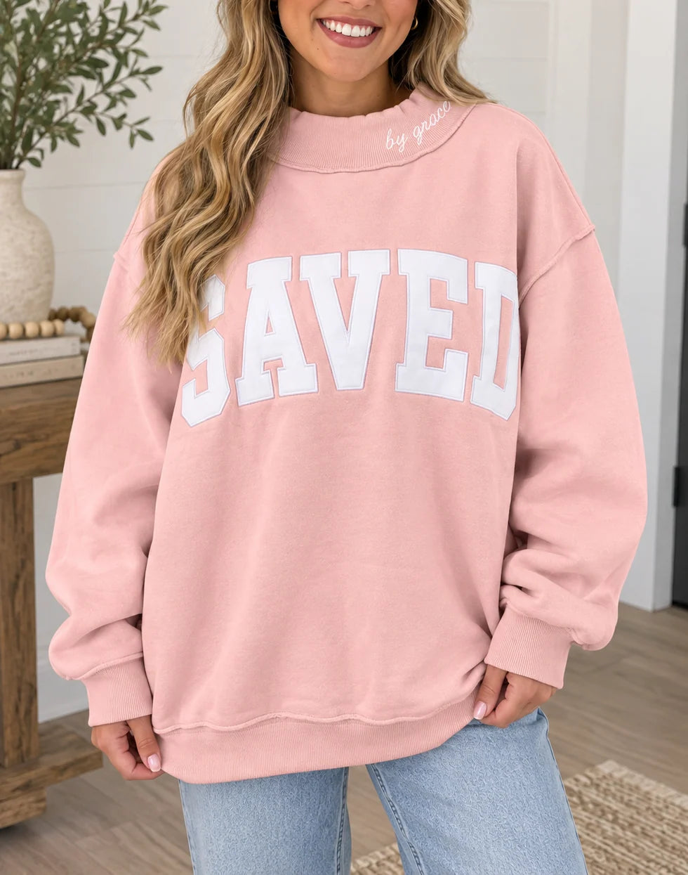 *PREORDER* Pink Saved By Grace Embroidered Sweatshirt