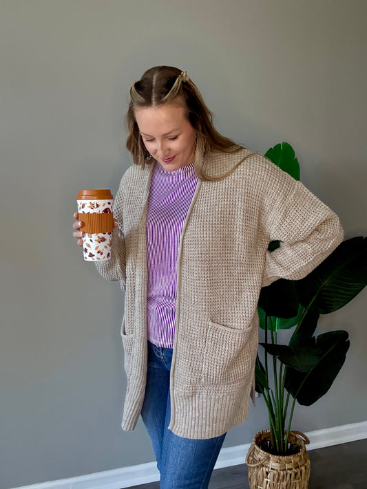 Mocha Waffle Knit Cardigan Plus+