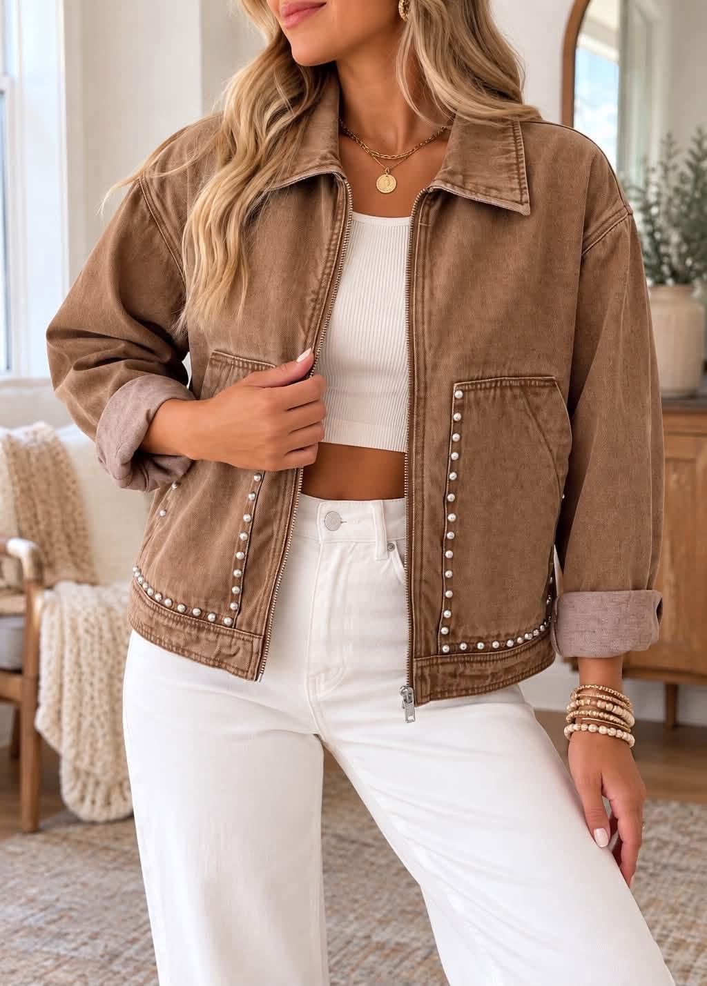 *PREORDER* Brown Studded Denim Jacket