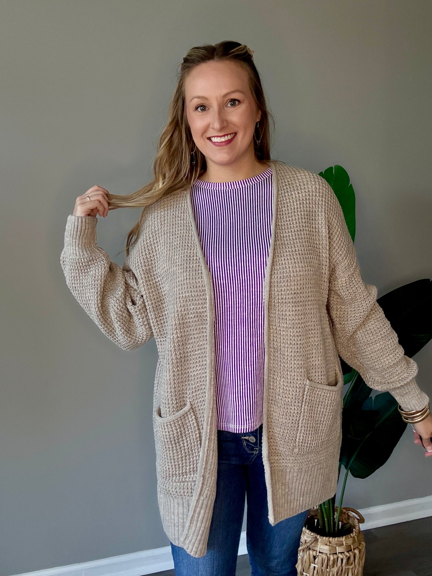 Mocha Waffle Knit Cardigan Plus+
