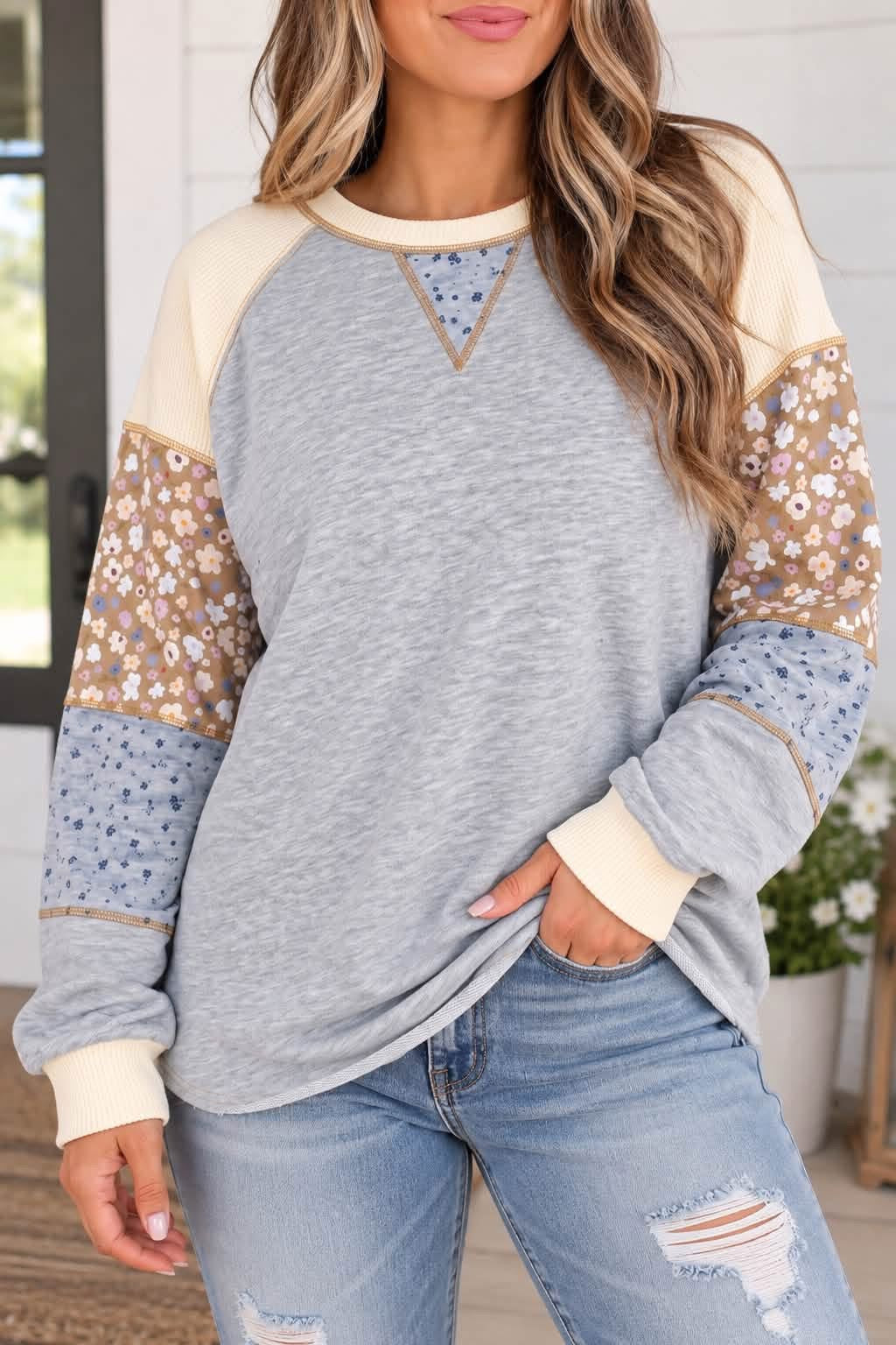 *PREORDER* Grey Colorblock Floral Waffle Top