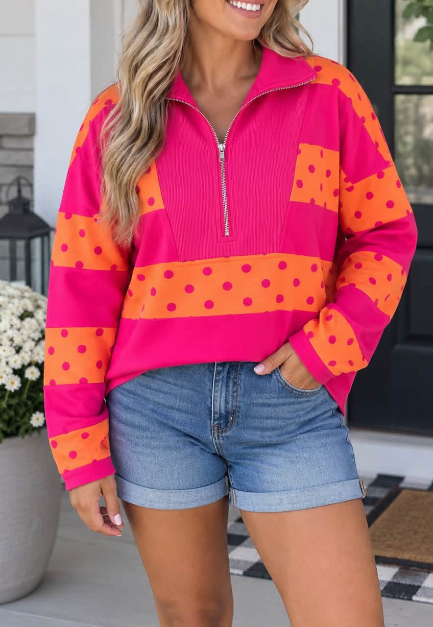 *PREORDER* Pink Stripe Polka Dot Quarter Zip