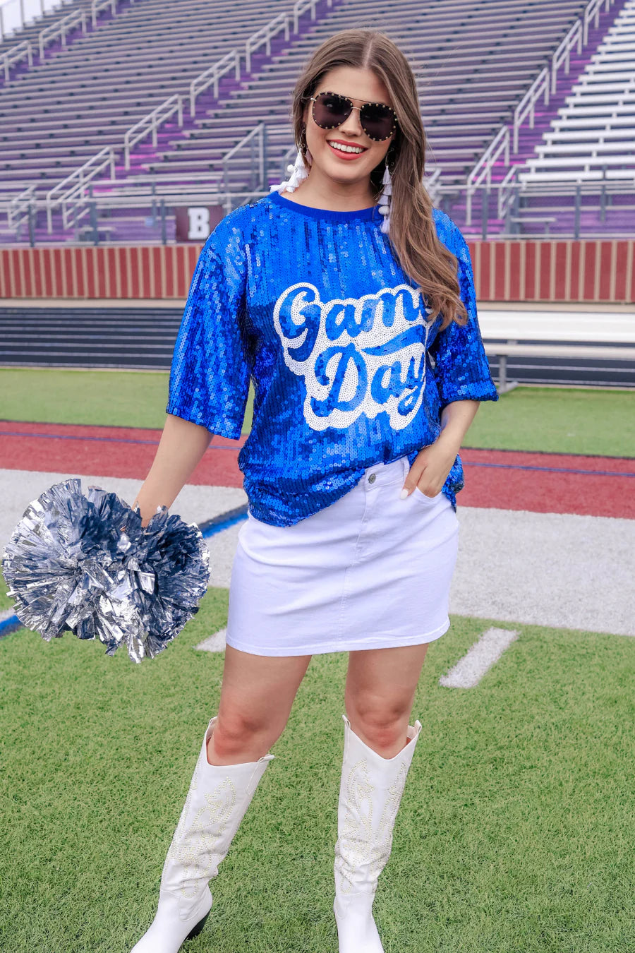 Blue Sequin Game Day Top