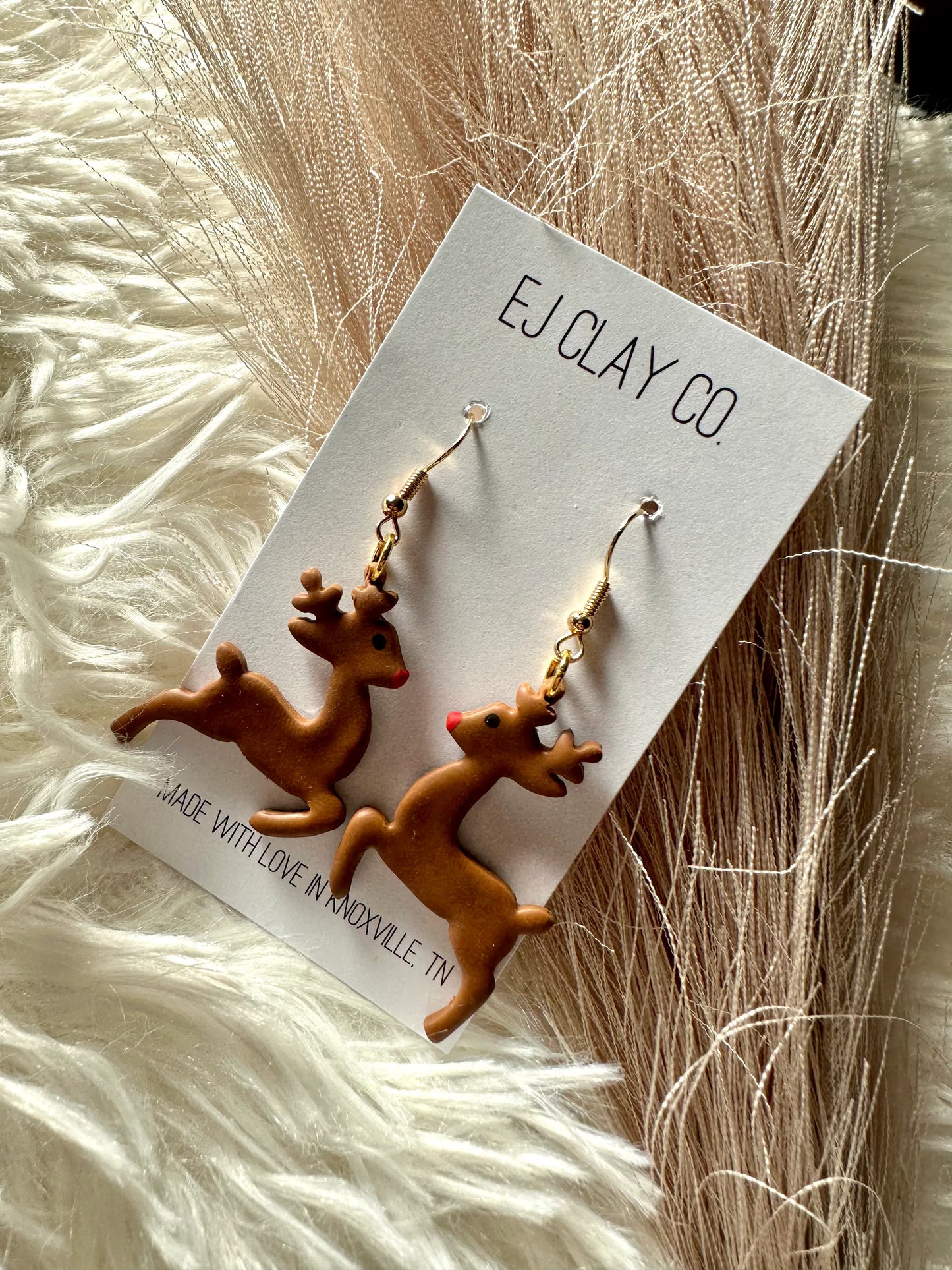Red Nose Deer Clay Earrings