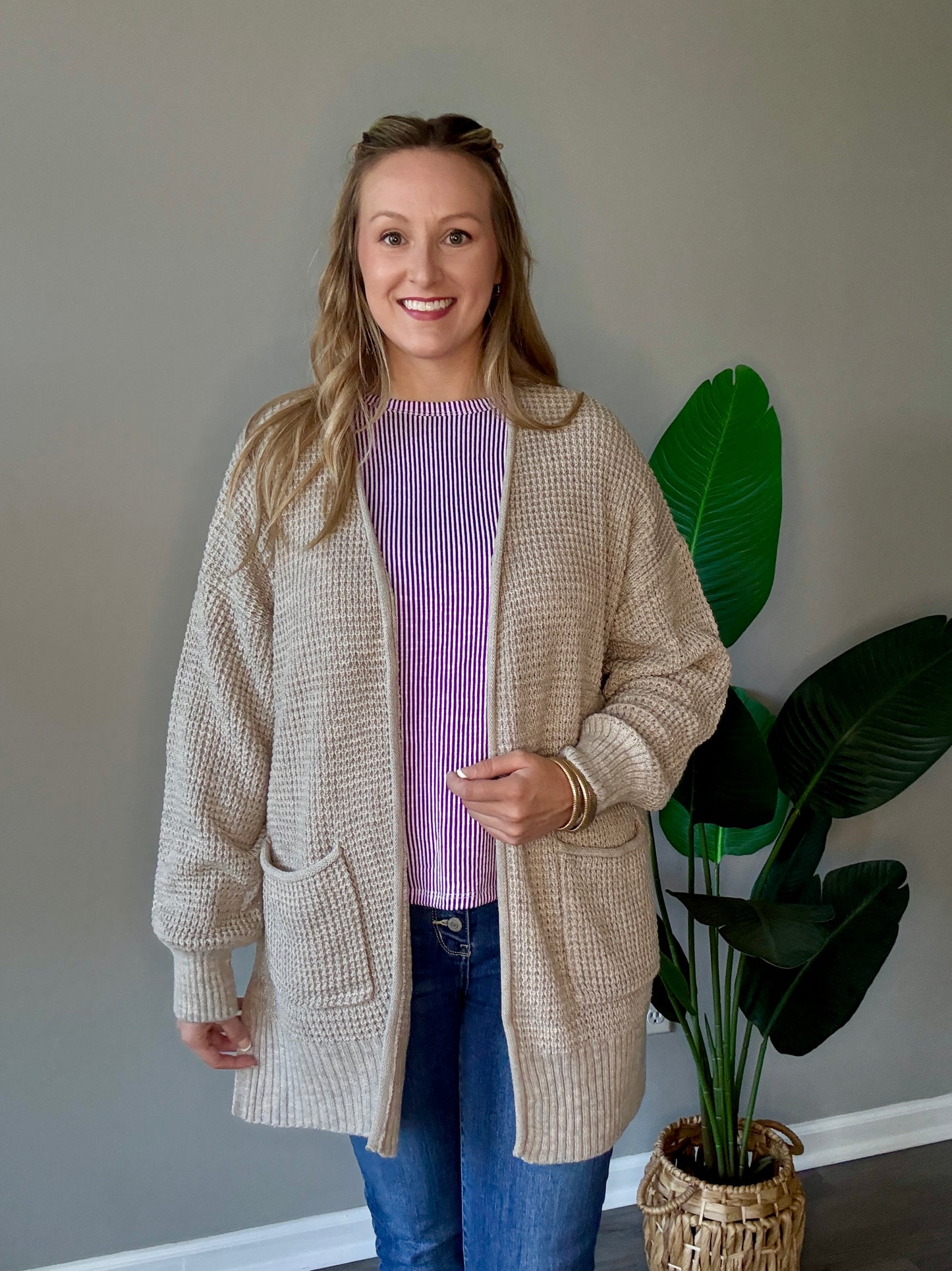 Mocha Waffle Knit Cardigan Plus+