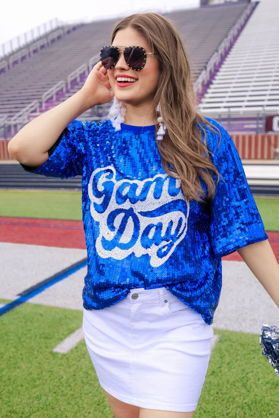 Blue Sequin Game Day Top