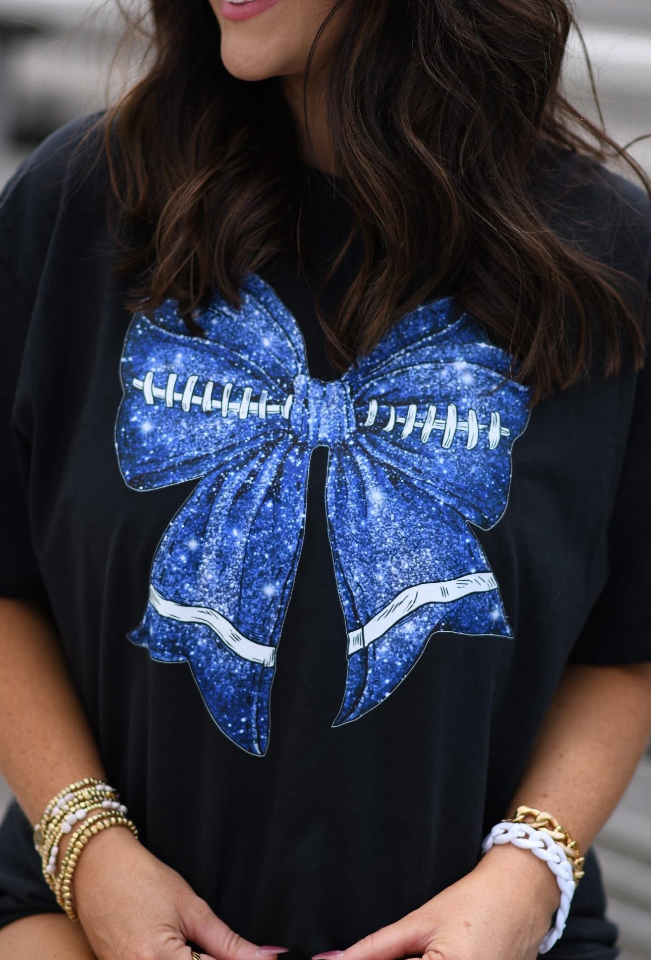 Blue Faux Glitter Football Graphic Tee