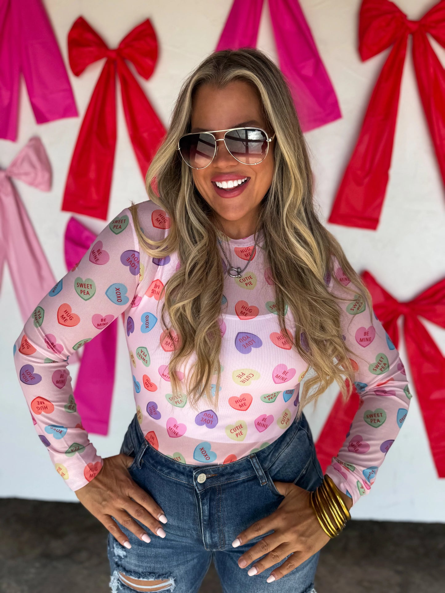 Candy Hearts Long Sleeve Mesh Top