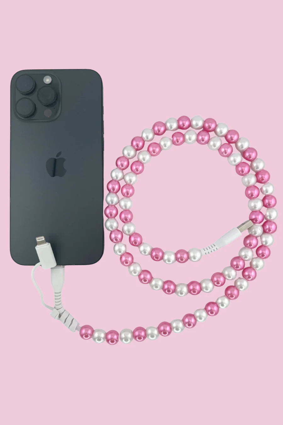 2 in 1 Beaded USB Charger- Pink/White Pearl