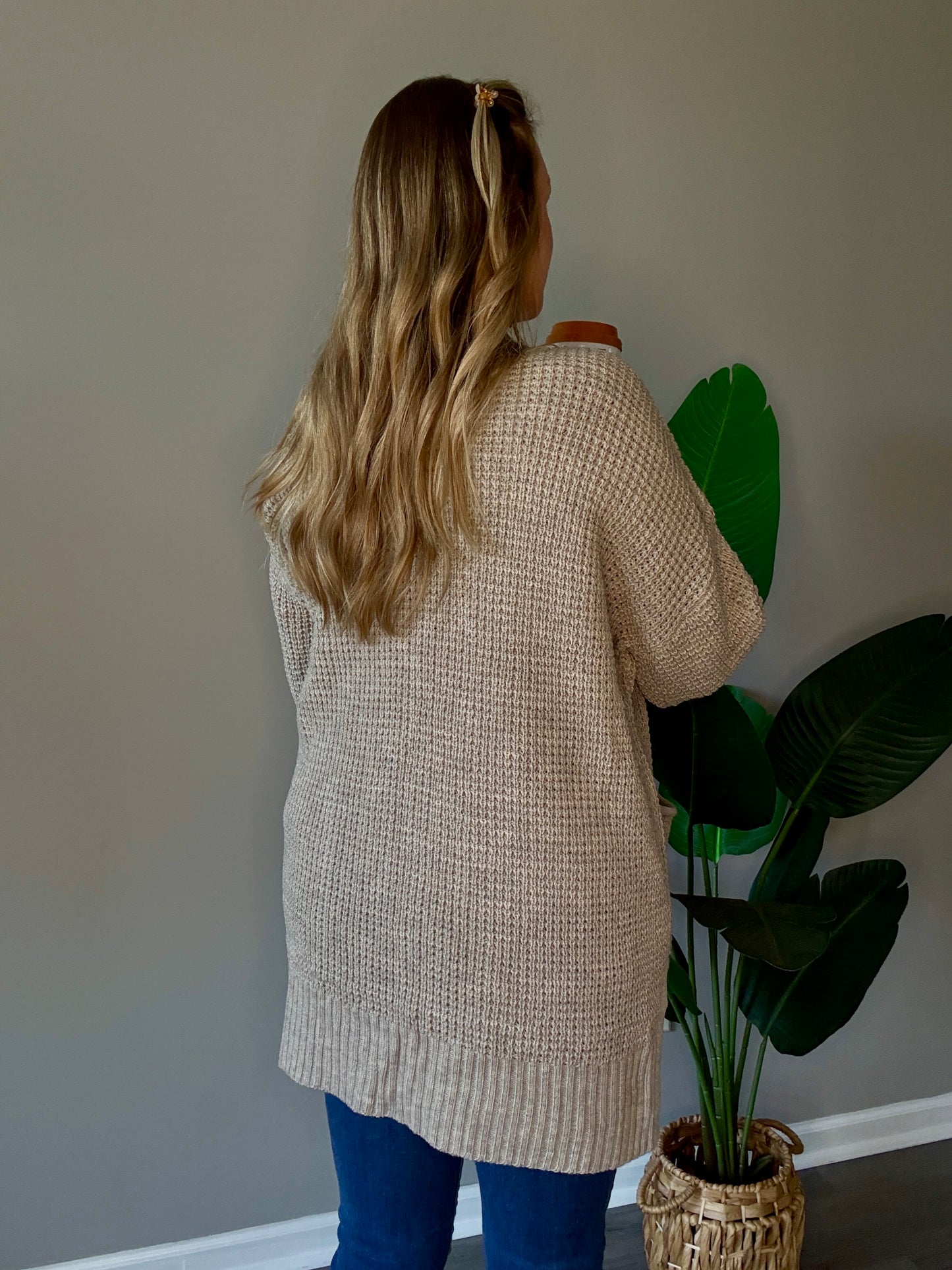 Mocha Waffle Knit Cardigan Plus+