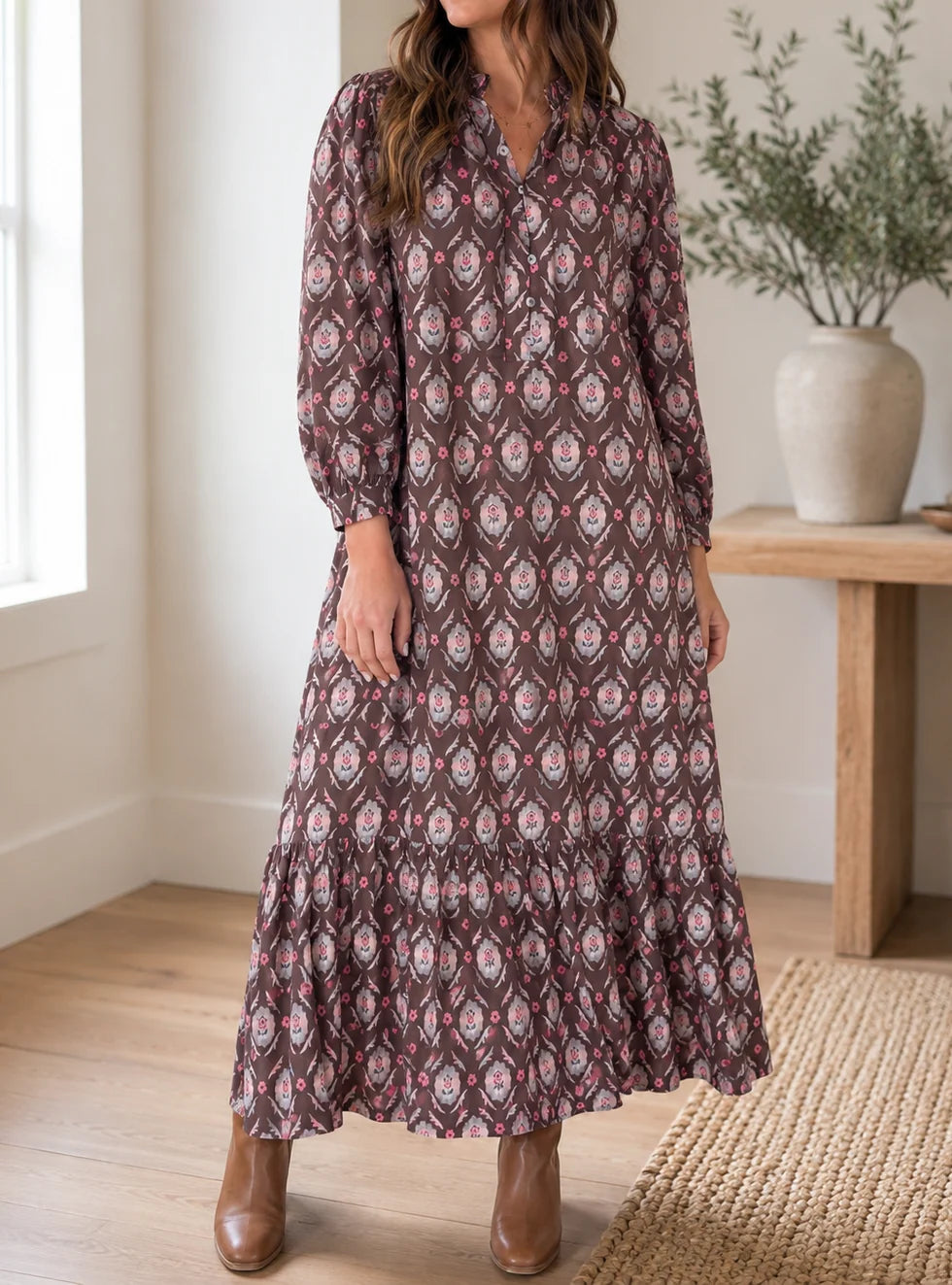 *PREORDER* Brown Floral Ruffle Dress
