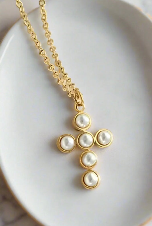 Lucy Gold Pearl Cross Necklace