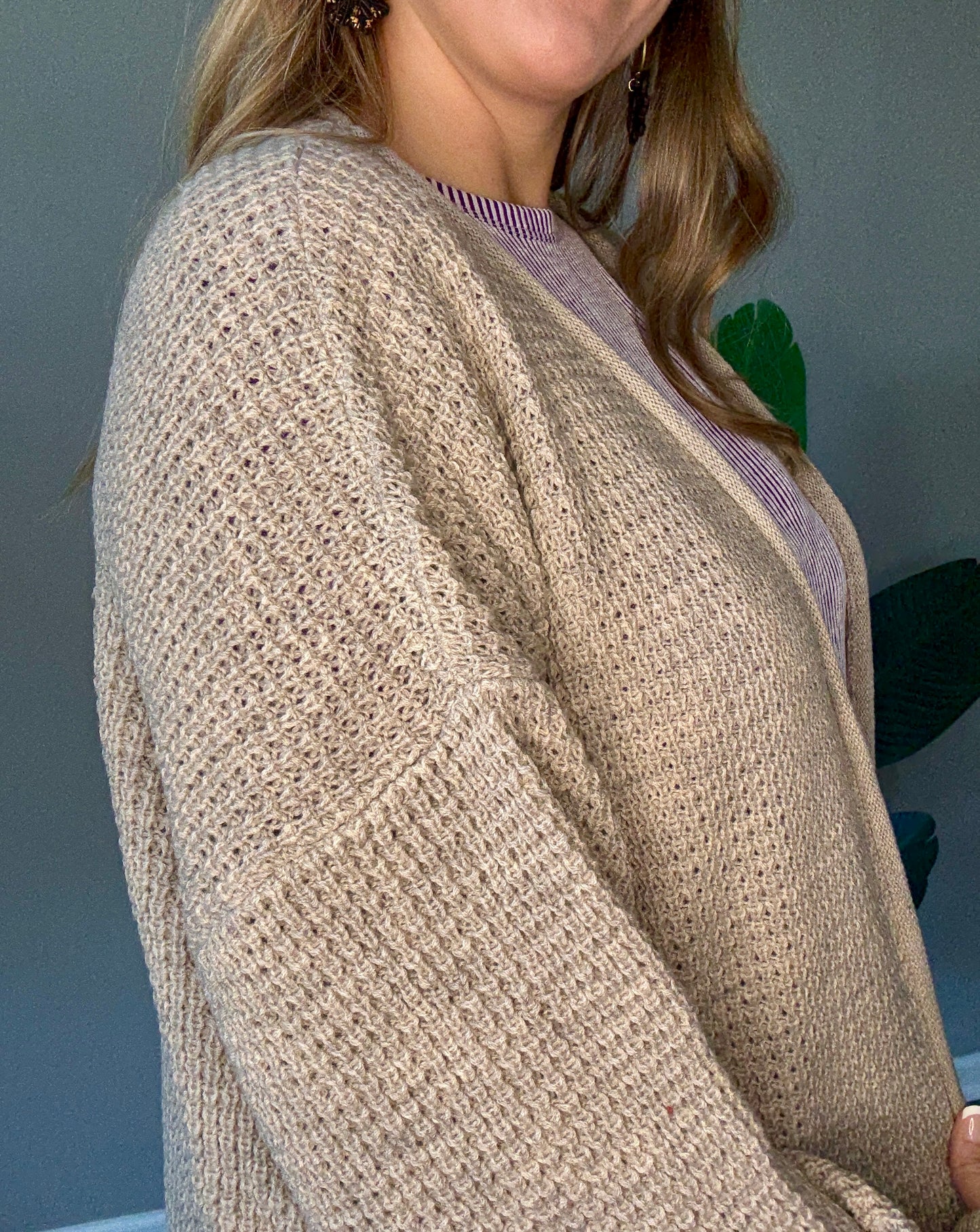 Mocha Waffle Knit Cardigan Plus+