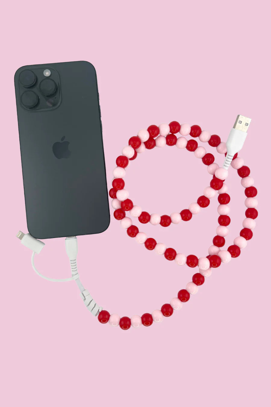 2 in 1 Beaded USB Charger- Pink/Red