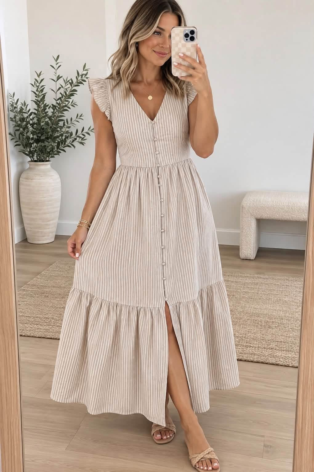 *PREORDER* Khaki Stripe Button Maxi Dress