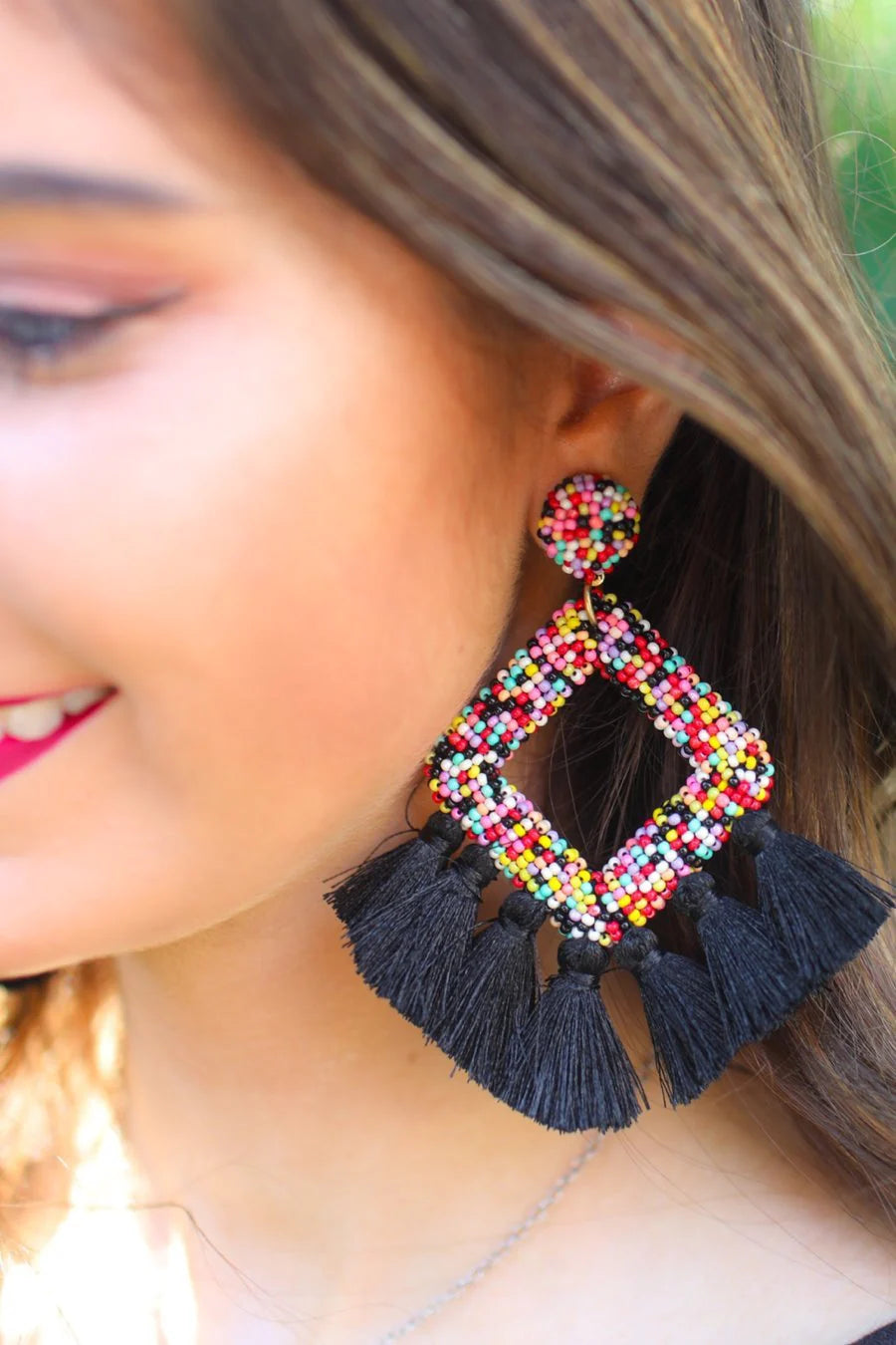 Black Multi Fringe Drop Earrings