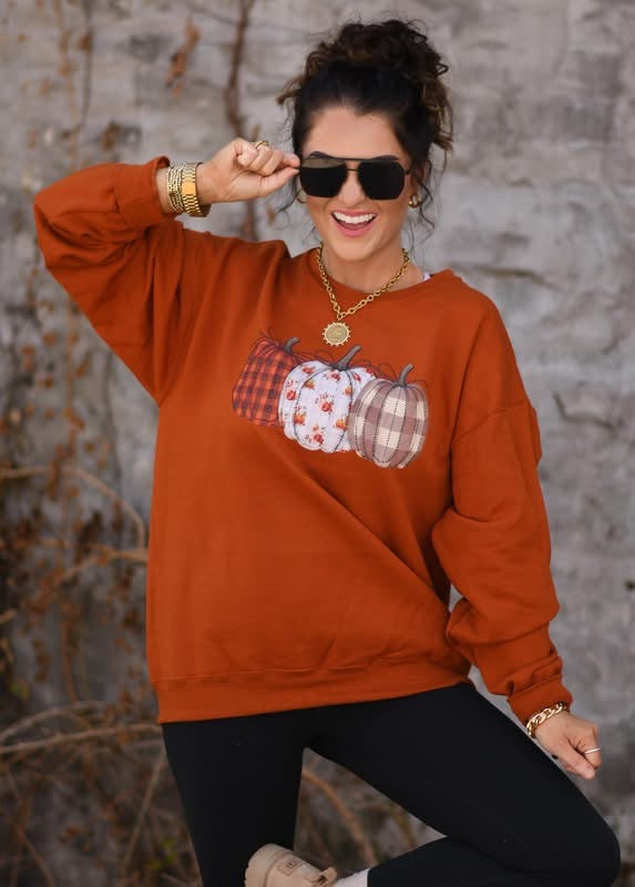 Plaid Floral Pumpkins Graphic Sweatshirt