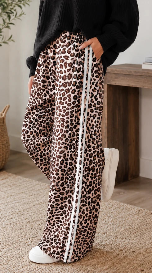 *PREORDER* Beige Leopard Side Striped Pants