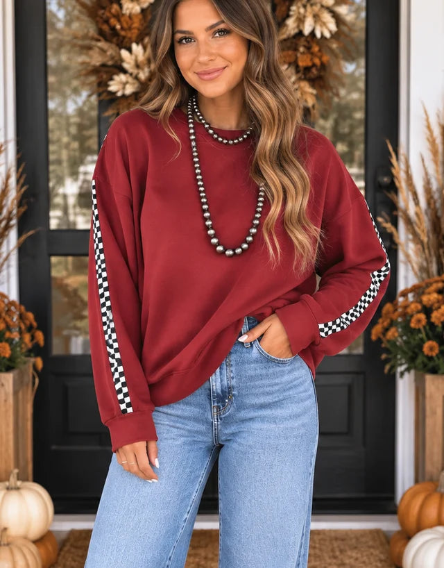 *PREORDER* Red Checkered Trim Sweatshirt