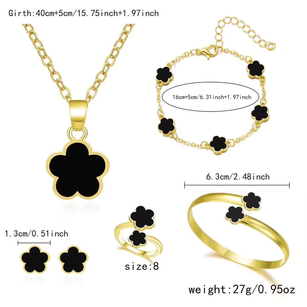 Black Five Piece Clover Jewelry Set