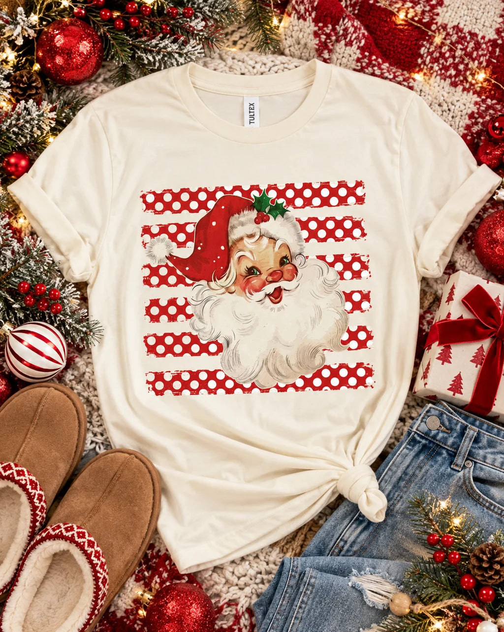 Polka Dot Stripe Santa Graphic Tee