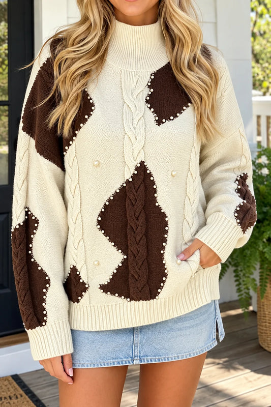 *PREORDER* Beige Cable Knit Beaded Sweater