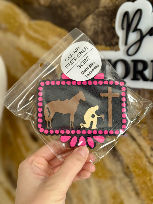 Pink Jesus Cross Air Freshie (Mahogany Teakwood Scent)