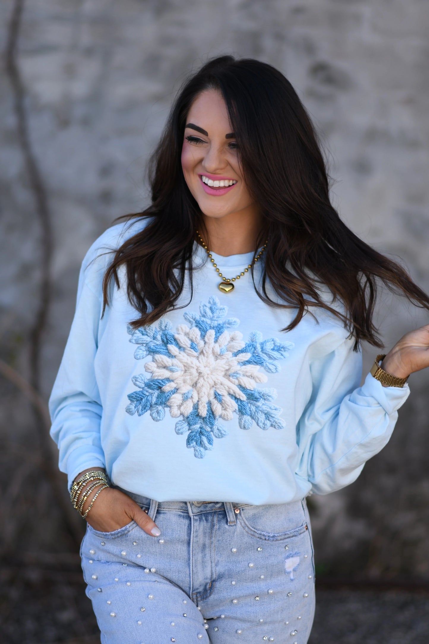 Faux Crochet Snowflake Graphic Long Sleeve Shirt