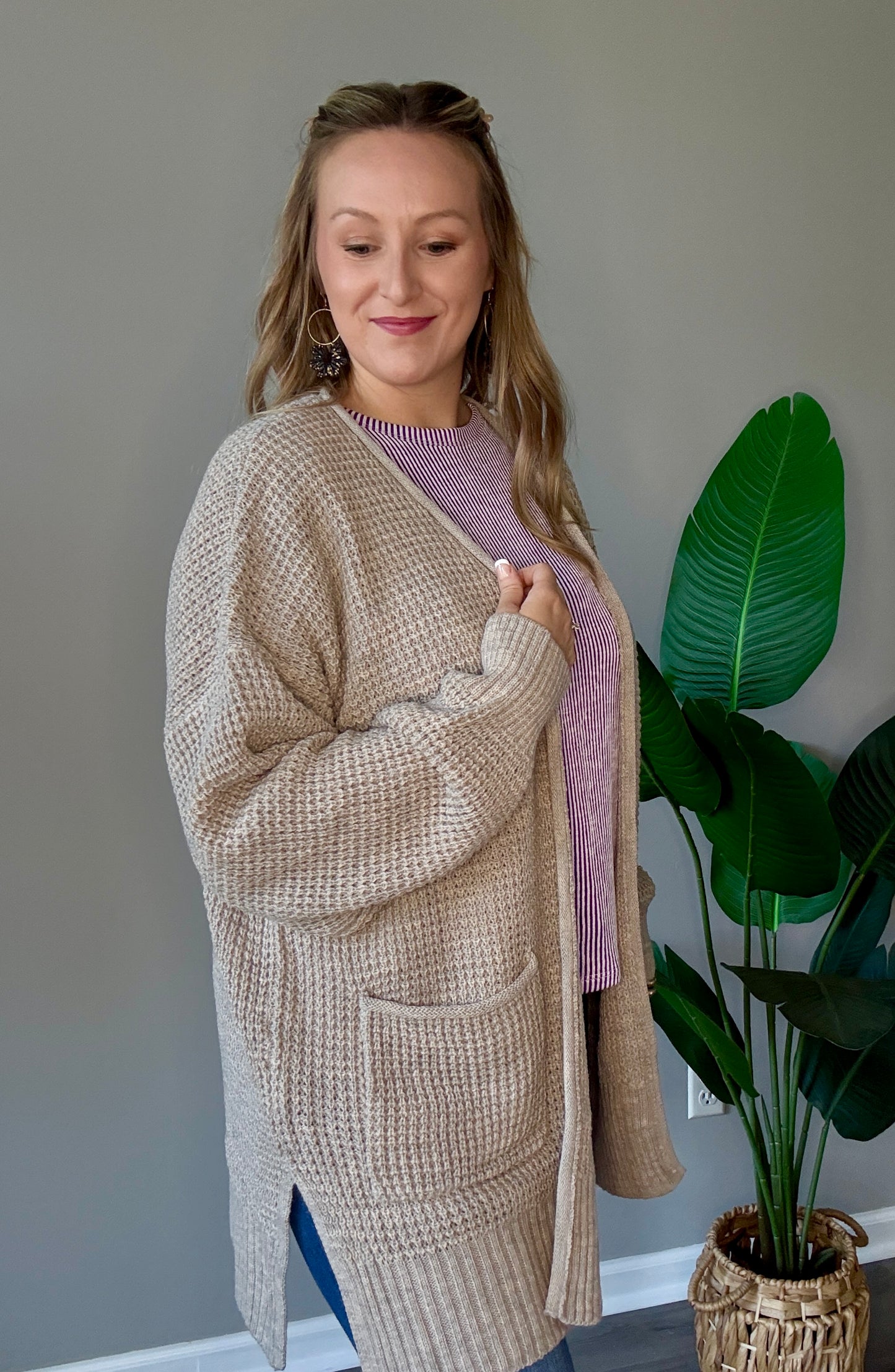 Mocha Waffle Knit Cardigan Plus+