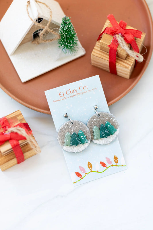 Snowy Tree Dangle Clay Earrings