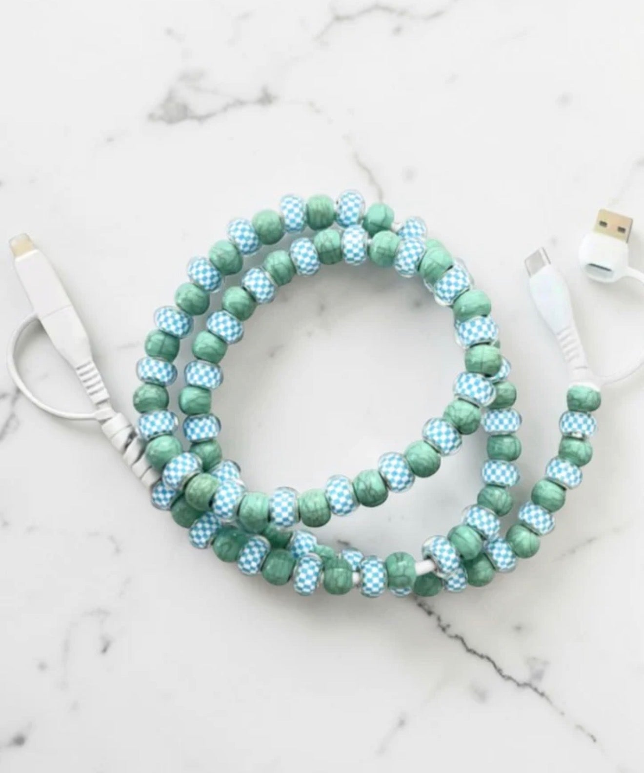 Blue Gingham & Green Beaded Cord Charger