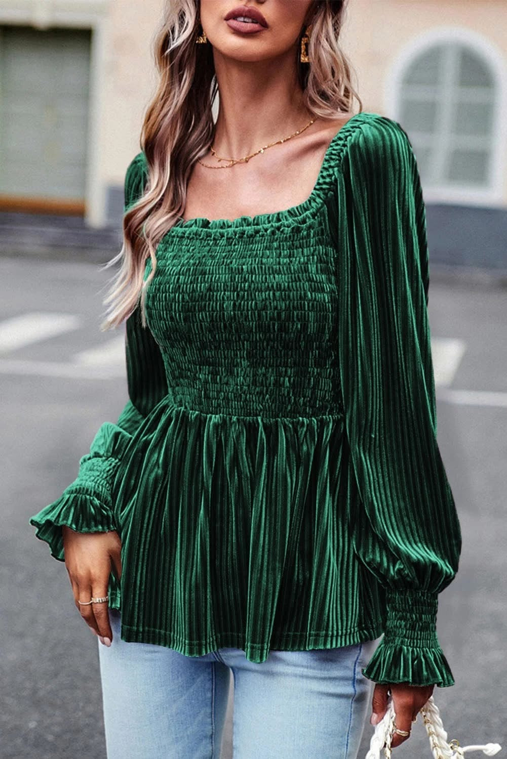 Green Smocked Ribbed Velvet Babydoll Top
