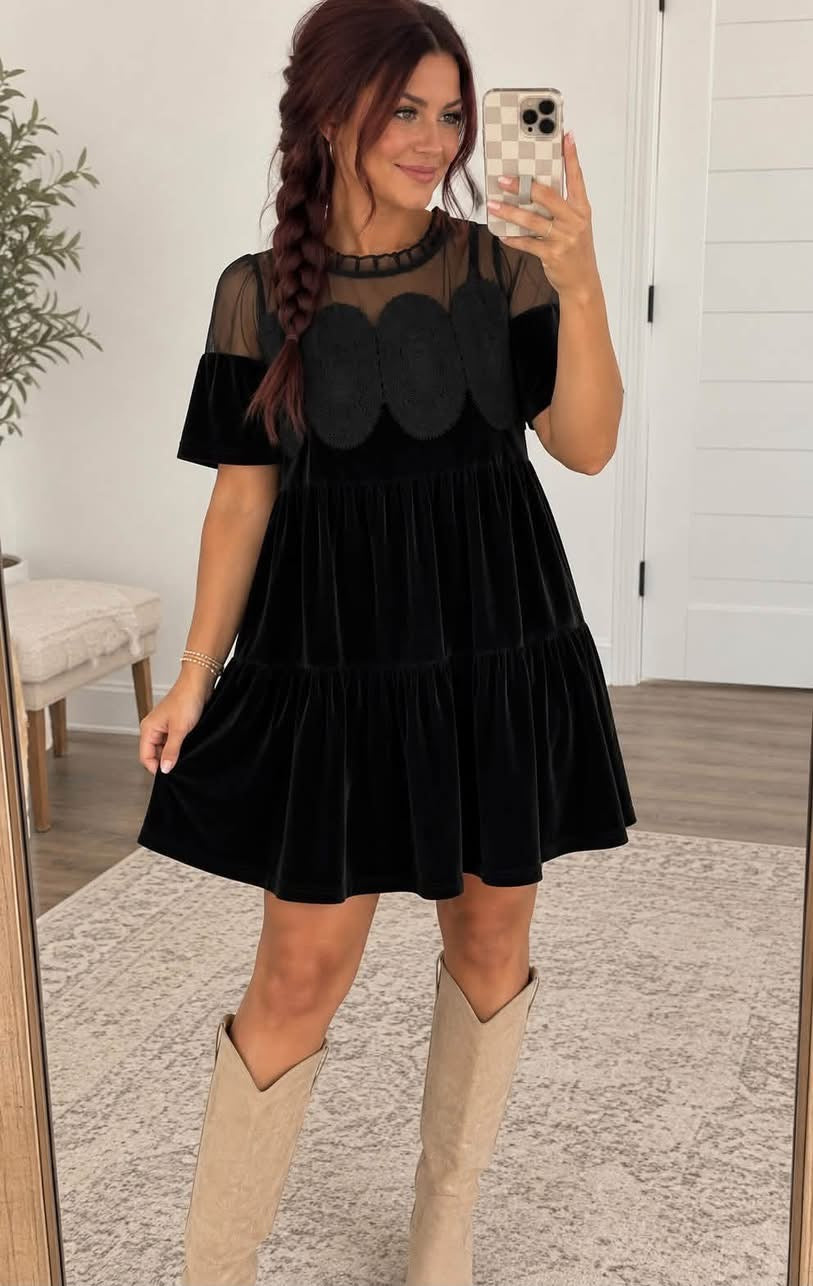 *PREORDER* Black Embroidered Velvet Dress