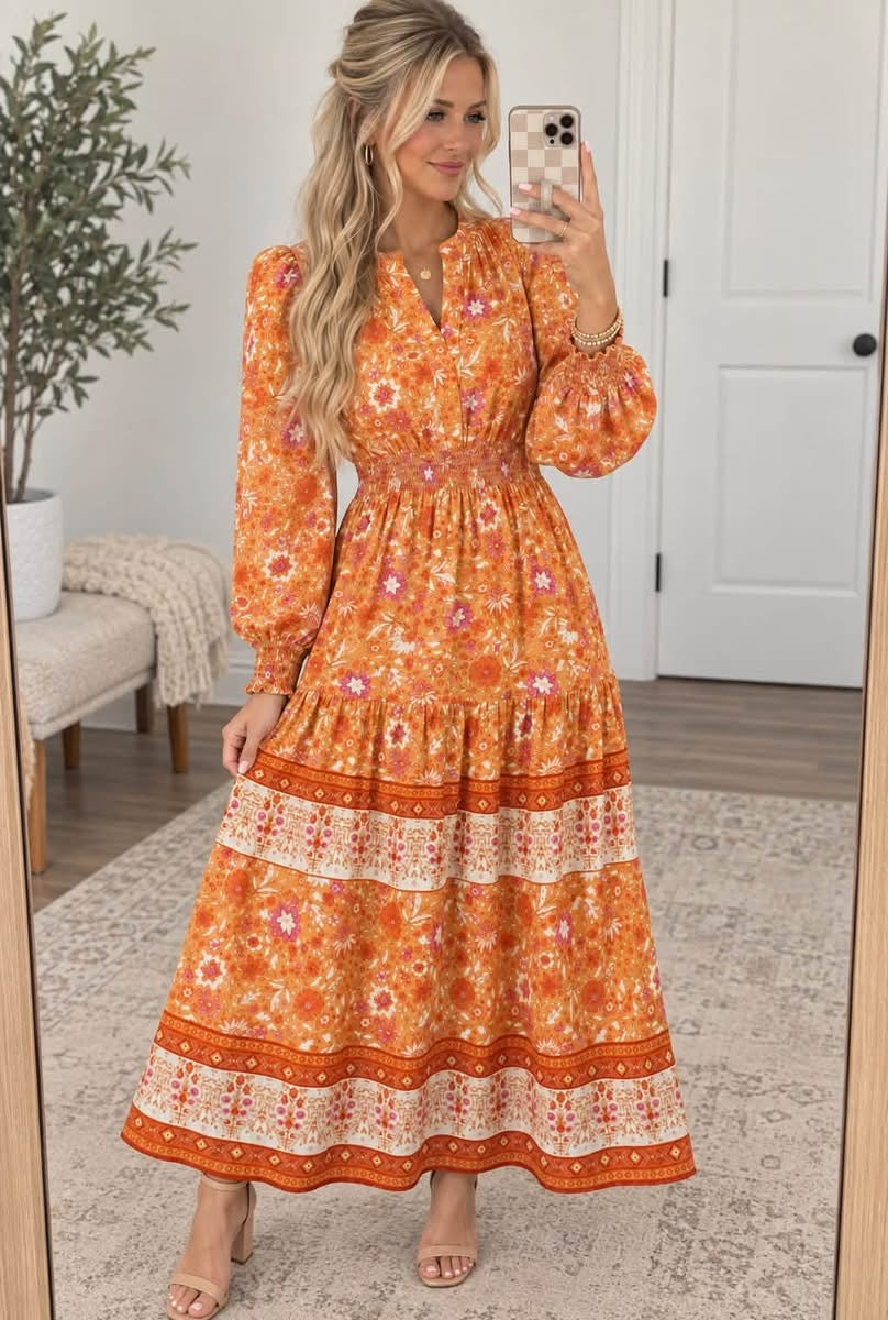 *PREORDER* Orange Floral Smocked Dress