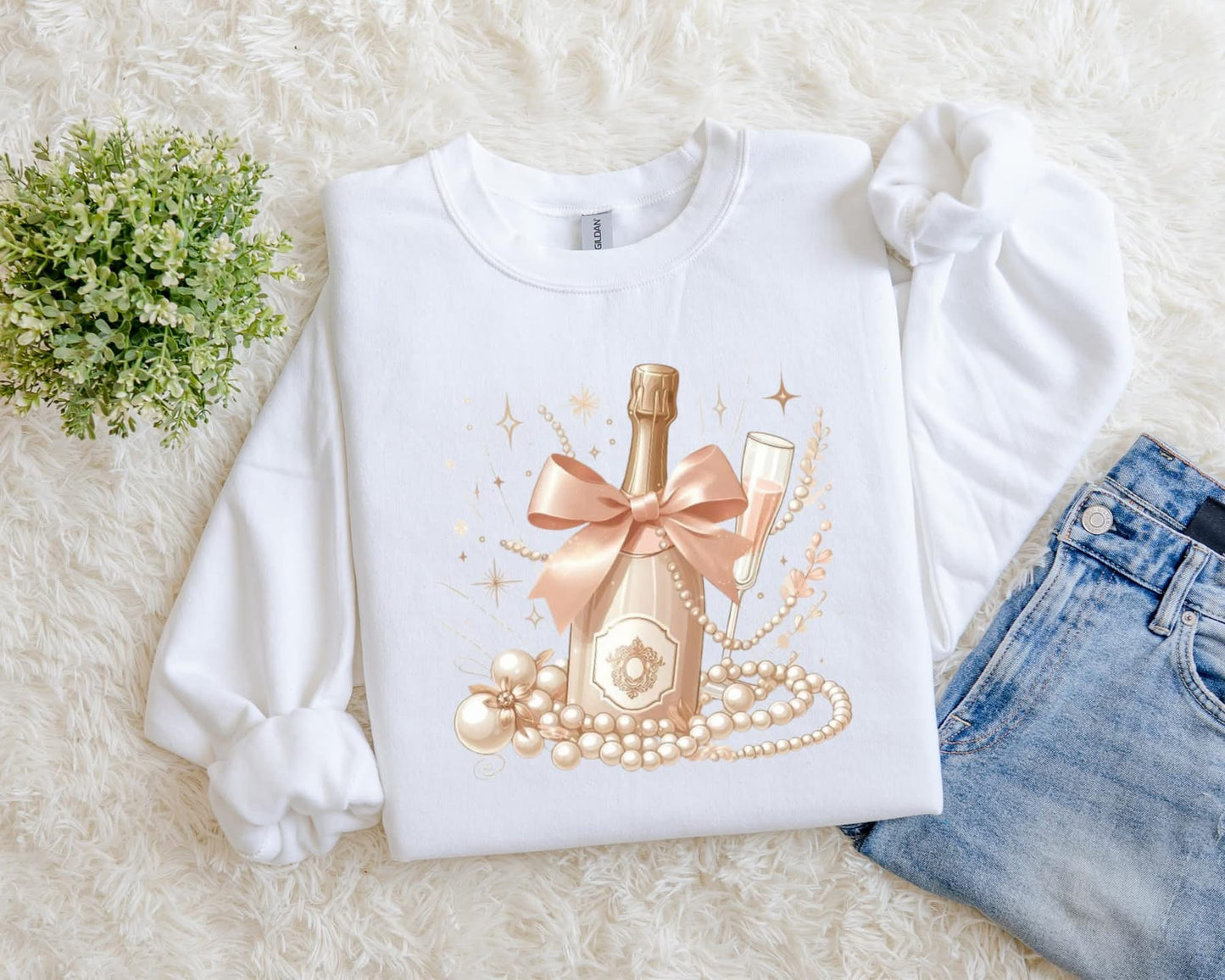 Champagne Bottle & Pearls Graphic Sweatshirt
