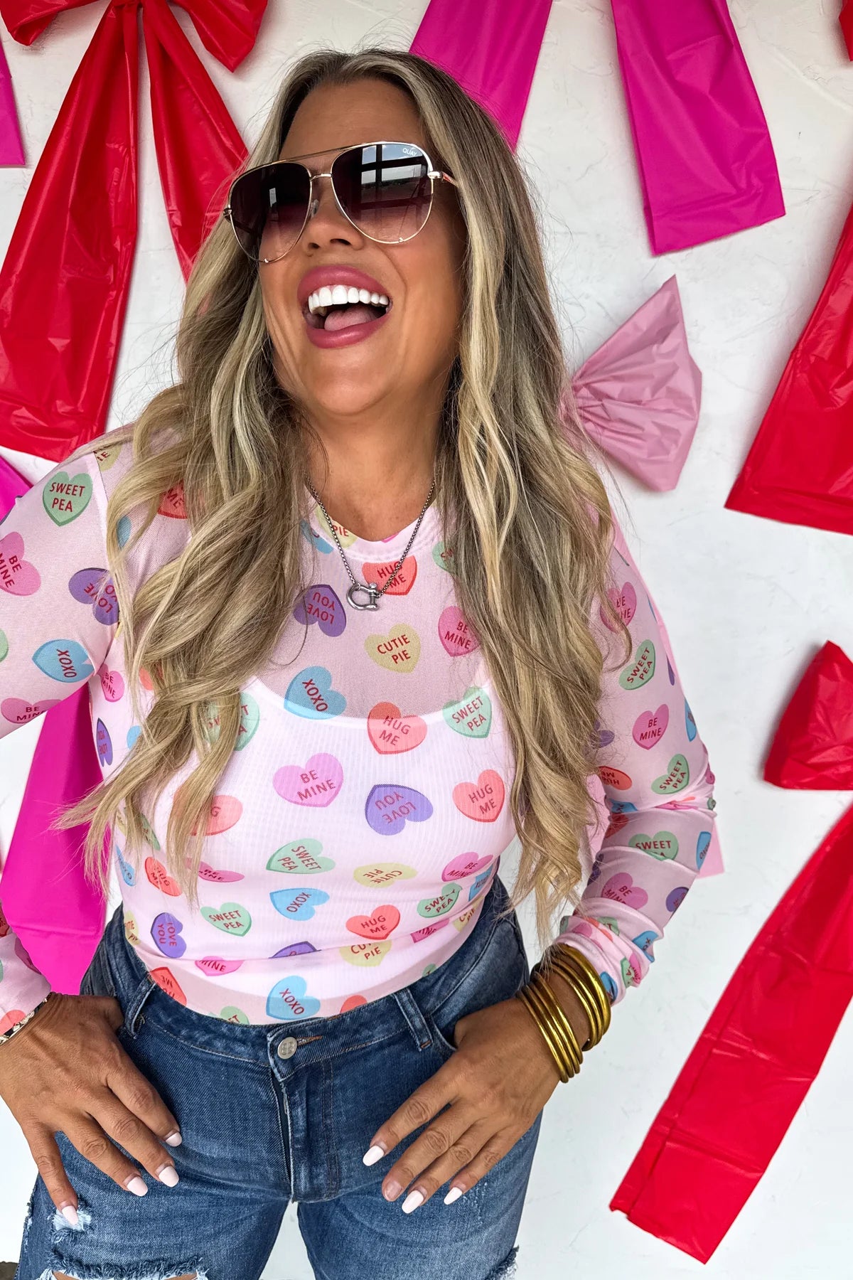 Candy Hearts Long Sleeve Mesh Top