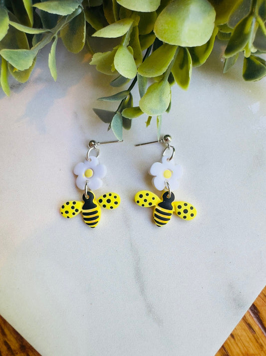 Flower Bee Dangle Clay Earrings