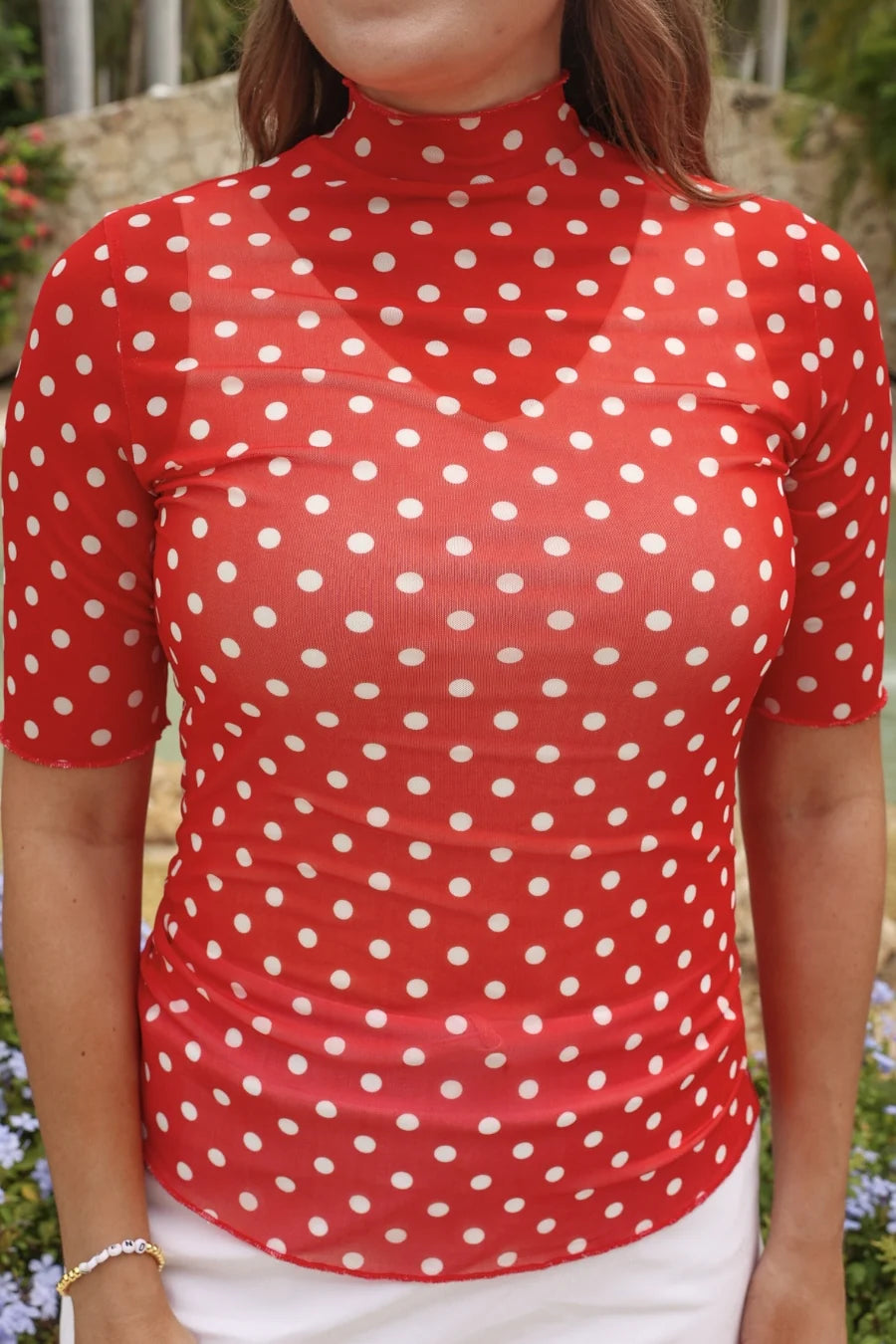 Plus+ Red Polka Dot Short Sleeve Mesh Top