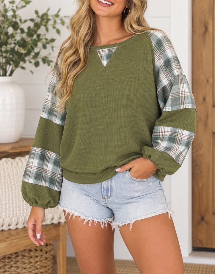 *PREORDER* Green Plaid Waffle Knit Top