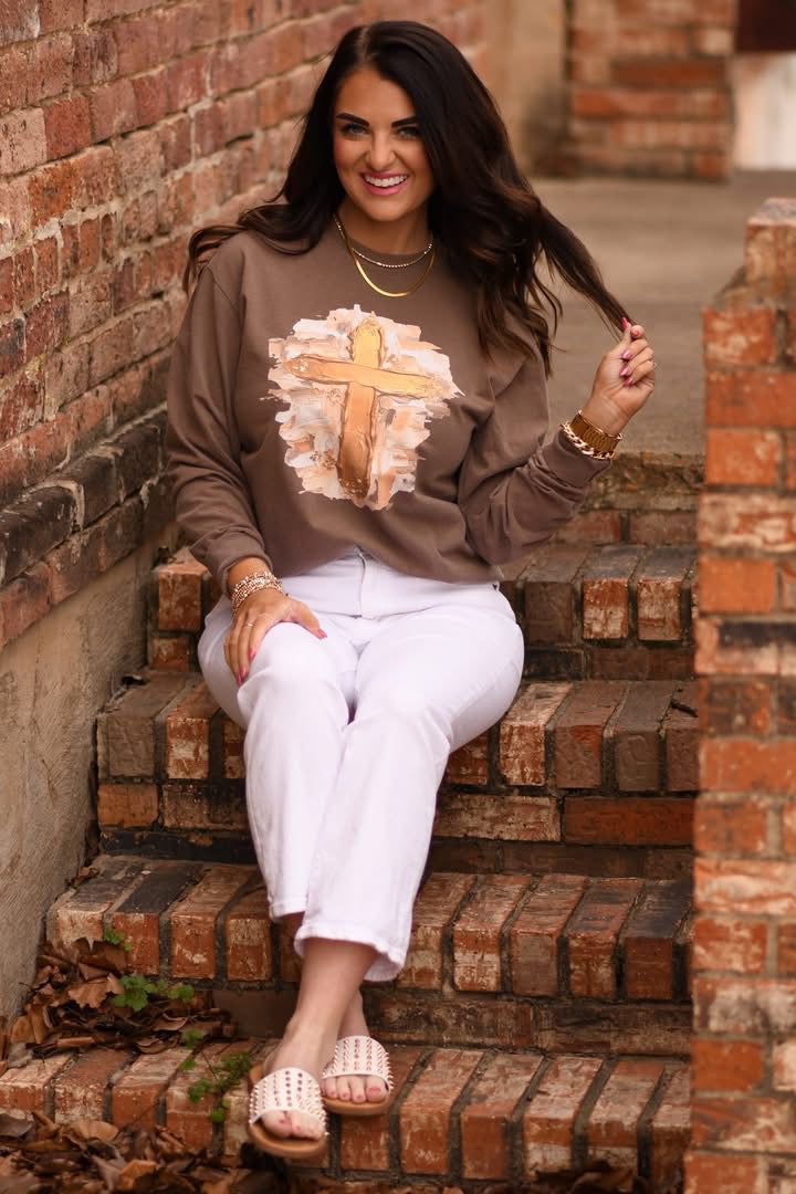 Gold Smudge Cross Graphic Long Sleeve Shirt
