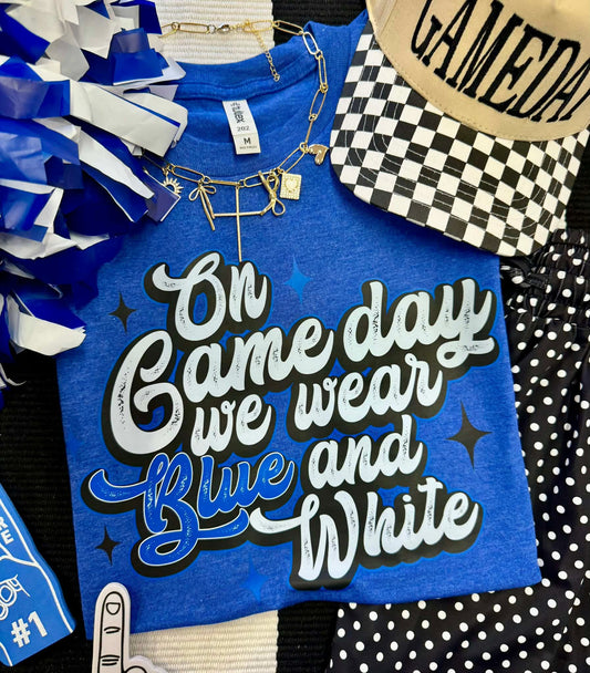 On Game Day We Wear Blue & White Graphic Tee