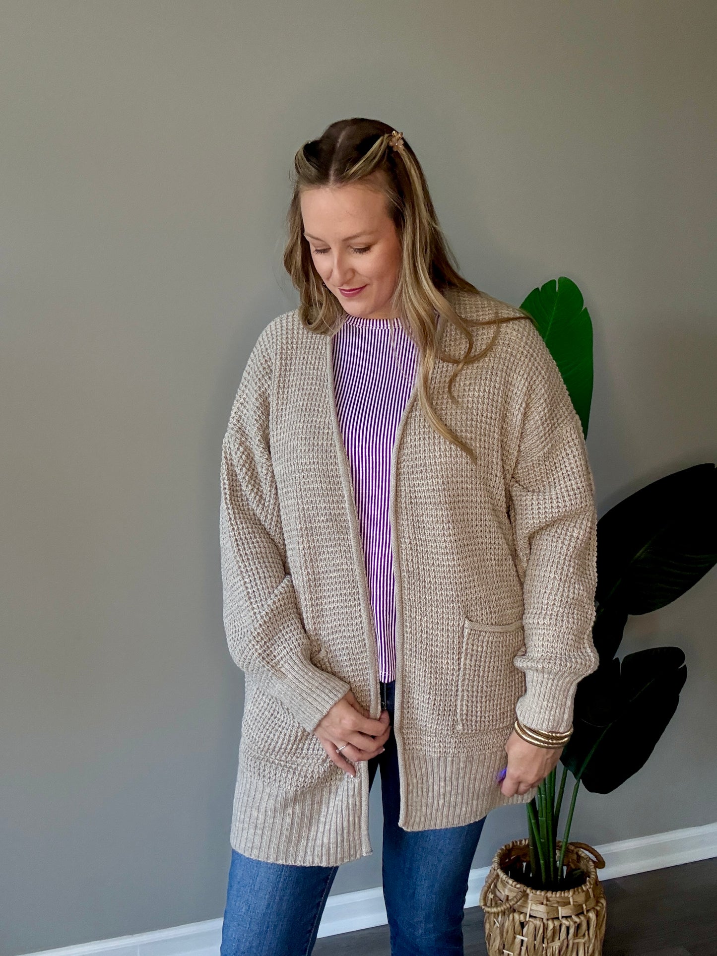 Mocha Waffle Knit Cardigan Plus+